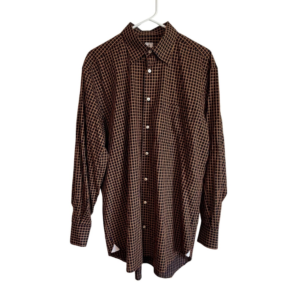 Peter Millar Mens Brown Black Grid Check Cotton Button Down Shirt M